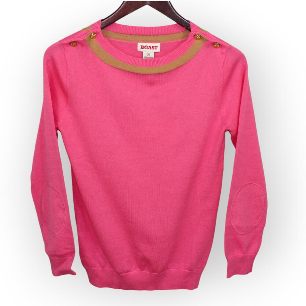 BOAST Women (S) Sweater 3/4-Sleeve BoatNeck Cotton LeafLogo Buttons Patchwork
